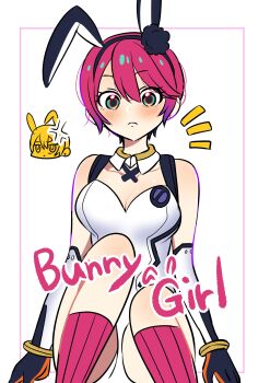 1girl absurdres amate_yuzuriha animal_ear_hairband animal_ears breasts cleavage collarbone detached_collar elbow_gloves emphasis_lines fake_animal_ears gloves gundam gundam_gquuuuuux hairband highres kneehighs leotard looking_at_viewer nontraditional_playboy_bunny rabbit_ear_hairband rabbit_ears red_hair red_socks short_hair socks turumiya_s white_leotard