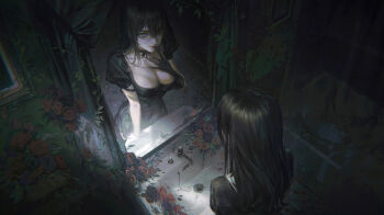 1girl 1other ambiguous_gender bathroom black_dress breasts cleavage commentary concept_art dress english_commentary fangda faucet flower glove_in_mouth gloves grey_eyes hand_up highres implied_death indoors large_breasts looking_at_viewer mirror mouth_hold original parted_lips red_lips reflection reflection_focus removing_glove rose short_sleeves sink standing wallpaper_(object)