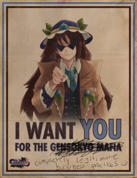1girl absurdres blue_hat english_text gensokyo_odyssey hat highres i_want_you kakkoi_elbertson kanpaithighs logo long_hair looking_at_viewer mafia official_art parody poster_parody promotional_art solo touhou triangular_eyewear vest waistcoat