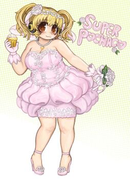 Rule 34 | 1girl, :3, bead necklace, beads, blonde hair, bouquet, breasts, bride, character name, cleavage, closed mouth, cupcake, dress, fat, fat woman, flower, food, frilled dress, frills, gloves, green background, hair flower, hair ornament, headphones, highres, holding, holding bouquet, holding food, huge breasts, jewelry, looking at viewer, necklace, nitroplus, pink dress, plushvampy, solo, star (symbol), star necklace, super pochaco, twintails, veil, wedding dress, white flower, white gloves