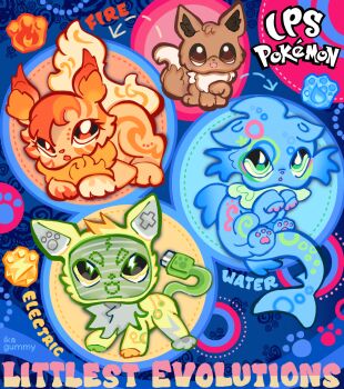 blue_fur brown_fur cable commentary crt eevee electricity english_commentary english_text fins fire fish_tail flareon gen_1_pokemon glowsu highres jolteon littlest_pet_shop nintendo no_humans object_head orange_fur pokemon shark_tail signature tail vaporeon water yellow_fur