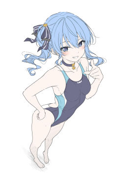 1girl barefoot black_choker blue_eyes blue_hair breasts choker collarbone commentary competition_swimsuit english_commentary from_above full_body grin hair_ribbon highres hololive hoshimachi_suisei long_hair looking_at_viewer looking_up one-piece_swimsuit pointing pointing_at_viewer ribbon side_ponytail simple_background small_breasts smile solo standing striped_ribbon swimsuit t1kosewad virtual_youtuber white_background