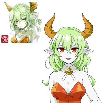 1girl breasts cleavage colored_skin derivative_work detached_collar diamond_(gemstone) drawfag green_hair horns jewelry leotard long_hair looking_at_viewer medium_breasts neck_ribbon orange_eyes orange_horns orange_leotard pointy_ears reference_photo reference_work ribbon shiny_clothes slit_pupils smile solo tsurime upper_body waifulabs white_background white_ribbon white_skin