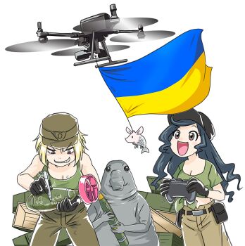 2girls 2others anonymous_(japanese) azov_battalion belt belt_buckle belt_pouch black_belt black_gloves blonde_hair blush bomb boots bow breasts brown_boots brown_eyes brown_pants buckle cargo_pants clenched_teeth controller crop_top drone evil_grin evil_smile explosive gloves green_gloves green_hair green_shirt green_tank_top grin happy hat holding holding_bomb holding_controller holding_missile holding_pen homunculus_loxodontus jacket japanon kraken_(japanon) large_breasts long_hair looking_down marichka medium_breasts midriff military military_uniform multiple_girls multiple_others navel open_mouth original pants peaked_cap pen pouch russo-ukrainian_war schweinokaras shiny_eyes shirt shirt_bow short_hair smile squid_print stomach swastika swastika_tattoo tank_top tattoo teeth transparent_background ukraine ukrainian_flag v-shaped_eyebrows