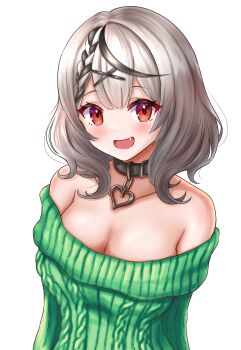 1girl :d absurdres aran_sweater armpit_crease bare_shoulders black_collar black_streaks blush braid breasts cable_knit cleavage collar collarbone fang green_sweater grey_hair hair_ornament heart_collar highres hololive large_breasts looking_at_viewer multicolored_hair off-shoulder_sweater off_shoulder open_mouth red_eyes ribbed_sweater sakamata_chloe short_hair smile solo streaked_hair sweater transparent_background two-tone_hair upper_body urushinuri virtual_youtuber x_hair_ornament
