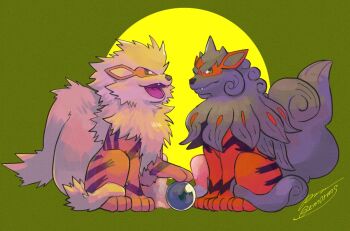 Rule 34 | arcanine, bright pupils, brown eyes, closed mouth, commentary request, fangs, gen 1 pokemon, hisuian arcanine, nintendo, no humans, open mouth, orb, pokemon, pokemon (creature), sagemaru-br, signature, sitting, tongue, white pupils