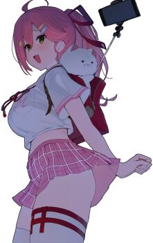 1girl 35p_(sakura_miko) absurdres ahoge backpack bag bandaid bandaid_hair_ornament blush breasts cat_hair_ornament cellphone fang green_eyes hair_between_eyes hair_ornament hair_ribbon highres hololive large_breasts long_hair official_alternate_costume open_mouth phone pink_hair pink_skirt pleated_skirt ponytail red_bag red_ribbon ribbon sailor_collar sakura_miko sakura_miko_(school_uniform) school_uniform selfie_stick serafuku short_sleeves simple_background skin_fang skirt smartphone smile sweat sweatdrop thighhighs thighs virtual_youtuber white_background white_sailor_collar white_serafuku white_thighhighs yu_yamai
