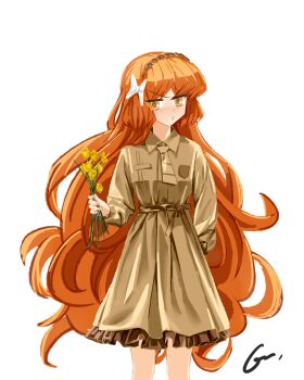 1girl absurdres belt blush bouquet bow brown_belt brown_dress brown_hairband brown_necktie collared_dress commentary cowboy_shot dress english_commentary flower frilled_dress frills hair_bow hairband highres holding holding_bouquet holding_flower ishmael_(project_moon) kaifang.com limbus_company long_hair looking_at_viewer necktie orange_hair project_moon rope simple_background solo v-shaped_eyebrows very_long_hair white_background white_bow