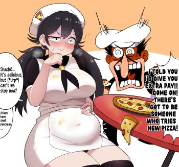 1boy 1girl amogan black_hair blush breasts bulging_eyes chef_hat closed_mouth dress english_text eye_twitch food full_stomach hair_between_eyes hat highres large_breasts long_hair open_mouth original peppina_ramen_(ketrindarkdragon) pizza pizza_tower short_sleeves sitting speech_bubble sweatdrop table talking thick_thighs thighs twintails white_background white_dress