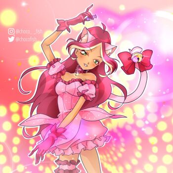 1girl adapted_costume ahoge animal_ear_fluff animal_ears arm_up bad_id bad_twitter_id bare_shoulders bell blonde_hair bottle bow bubble_skirt cat_ears cat_girl cat_tail chocofish choker commentary cosplay cowboy_shot dark-skinned_female dark_skin detached_sleeves dress english_commentary extra_ears eyelashes eyeshadow flora_(winx_club) frilled_choker frilled_dress frilled_skirt frilled_sleeves frilled_thigh_strap frills glitter gloves glowing green_eyes happy head_tilt highres holding holding_bottle instagram_username kemonomimi_mode light_blush light_particles lipstick long_hair looking_at_viewer magic magical_girl makeup mew_ichigo mew_ichigo_(cosplay) miniskirt momomiya_ichigo multicolored_hair open_mouth outline pendant_choker pink_background pink_bow pink_choker pink_dress pink_eyeshadow pink_gloves pink_hair pink_skirt pink_sleeves puffy_short_sleeves puffy_sleeves red_lips short_dress short_sleeves skirt skirt_under_dress smile sparkle standing streaked_hair tail tail_bell tail_bow tail_ornament teeth thigh_strap tokyo_mew_mew twitter_username two-tone_hair very_long_hair watermark white_outline winx_club