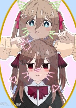 2girls :p absurdres ahoge animal_ears black_cardigan black_thighhighs blue_border blue_eyes blue_skirt blush border bow bowtie broken_heart broken_heart_hair_ornament brown_hair cardigan cat_ears collared_shirt commentary double-parted_bangs drawn_ears drawn_heart drawn_whiskers english_commentary evil_neuro-sama hair_between_eyes hair_ornament hair_ribbon hands_up heart heart_hair_ornament highres jitome long_hair long_sleeves looking_at_viewer miniskirt multiple_girls neuro-sama outline pink_background pleated_skirt pointing pointing_at_self purikura raised_eyebrows red_bow red_bowtie red_eyes red_ribbon ribbon shirt siblings single_hair_intake sisters skirt skull_hair_ornament straight-on thighhighs tongue tongue_out torn_bowtie torn_hair_ribbon twins twitter_username two_side_up v-shaped_eyebrows vedal_ai virtual_youtuber wavy_mouth white_outline white_shirt yellow_cardigan zs_in_china