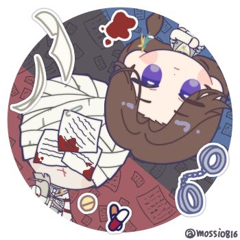 1boy 1girl aleph_(reverse:1999) bandaged_head bandages brown_hair chibi closed_mouth covered_eyes cuffs facing_viewer grey_background handcuffs highres holding holding_paper long_hair looking_at_viewer low_ponytail mossi_(mossi0816) octavia_(reverse:1999) paper pill ponytail purple_eyes reverse:1999 round_image shirt the_idealist_(reverse:1999) twitter_username upper_body white_shirt x_mouth