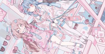 2girls abigcarrot_owo absurdres ankle_cuffs apron artist_name asymmetrical_legwear ball_gag bdsm blue_eyes blue_hair blue_necktie blush bondage bound bow check_copyright collar commission copyright_request gag gradient_eyes hairband hat highres jacket japanese_clothes kimono mask mini_hat multicolored_eyes multiple_girls necktie original pink_apron pink_bow pink_eyes pink_hair pink_jacket pink_thighhighs red_eyes restrained sandals shibari stealth_bondage subway thigh_strap thighhighs tied_up_(nonsexual) train white_thighhighs yuri