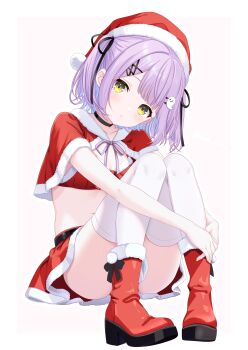 1girl absurdres black_bow black_ribbon blue_hair blunt_bangs blush boots border bow breasts capelet cleavage closed_mouth colored_inner_hair commentary_request convenient_leg crop_top footwear_bow full_body fur-trimmed_boots fur-trimmed_capelet fur-trimmed_headwear fur-trimmed_skirt fur_trim hair_ribbon hat highres hugging_own_legs knees_up looking_at_viewer medium_breasts miniskirt multicolored_hair navel neck_ribbon outside_border pink_background purple_hair purple_ribbon red_boots red_capelet red_hat red_skirt ribbon santa_costume santa_hat shinomiya_runa simple_background sitting skirt solo thighhighs toketa-sekai virtual_youtuber vspo! white_border white_thighhighs