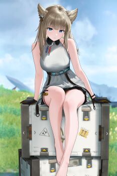 Rule 34 | 1girl, absurdres, animal ears, arknights, arknights: endfield, bare legs, bare shoulders, barefoot, bird ears, bird girl, blue eyes, blue sky, breasts, closed mouth, commentary, day, dress, highres, ir who, legs, looking at viewer, medium breasts, outdoors, perlica (arknights), sitting, sky, solo, white dress