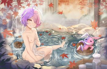 1girl :d ahoge ass autumn_leaves breasts chinese_clothes commentary_request completely_nude full_body grin hair_over_one_eye holding holding_towel homu_(honkai_impact) honkai_(series) honkai_gakuen leaf looking_at_viewer multicolored_hair nipples nude one_breast_out onsen open_mouth outdoors pink_hair purple_hair sharp_teeth sin_mal sin_mal0909 small_breasts smile teeth towel two-tone_hair water wet yellow_eyes
