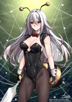 1girl adsouto arms_at_sides artistic_error bee_costume bee_wings black_sclera bow bowtie breasts colored_sclera covered_navel fake_antennae fake_wings frown gloves grey_eyes grey_hair hair_between_eyes hair_intakes highres holding holding_polearm holding_weapon hollow_knight hollow_knight:_silksong hornet_(hollow_knight) humanization insect_wings leotard long_hair medium_breasts needle_(hollow_knight) pantyhose polearm red_bow red_bowtie shrug_(clothing) signature silk sleeveless solo standing strapless strapless_leotard variant_set weapon wings wrist_cuffs