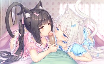 1boy 2girls animal_ear_fluff animal_ears black_hair blonde_hair blue_eyes blue_pajamas blue_panties blue_scrunchie blunt_bangs blurry blurry_background blush bow breasts brown_hair cat_ears cat_girl cat_tail censored chocola_(nekopara) choker cooperative_fellatio depth_of_field fellatio ffm_threesome game_cg group_sex hair_bow hair_ornament hair_scrunchie hetero highres indoors interspecies loli long_hair low_twintails lying minazuki_kashou mosaic_censoring multiple_girls nekopara nightgown nipples non-web_source on_bed oral pajamas panties penis pink_pajamas pink_panties pink_scrunchie pov ribbon-trimmed_panties ribbon_trim saliva saliva_trail sayori_(neko_works) scrunchie shimaidon_(sex) siblings sisters slit_pupils small_breasts tail teamwork_(sexual) threesome tongue tongue_out twins twintails underwear vanilla_(nekopara) wallpaper_(object) white_hair yellow_eyes