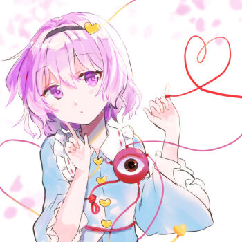 1girl blue_shirt brown_hairband buttons collared_shirt commentary_request eyeball frilled_shirt_collar frilled_sleeves frills hair_ornament hairband heart heart_button heart_hair_ornament heart_of_string highres komeiji_satori looking_at_viewer minatsuki_yurara pink_eyes pink_hair ribbon-trimmed_collar ribbon_trim shirt solo string string_of_fate third_eye touhou
