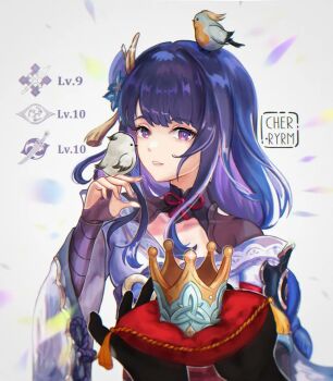 1girl 1other animal animal_on_head armor artist_name bird bird_on_hand bird_on_head blue_pupils blunt_bangs blurry blurry_background braid bridal_gauntlets clothing_cutout collarbone commentary crown depth_of_field english_commentary genshin_impact glint gradient_hair grey_background hair_ornament highres japanese_clothes kimono long_braid long_hair looking_at_viewer looking_to_the_side multicolored_eyes multicolored_hair neck_ribbon no_mole off_shoulder on_head parted_lips pillow pov purple_eyes purple_hair purple_kimono raiden_shogun red_ribbon ribbon ryrmcher shoulder_armor shoulder_cutout single_braid solo streaked_hair upper_body wide_sleeves