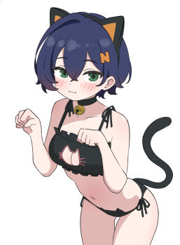 Rule 34 | 1girl, :3, absurdres, animal ear hairband, animal ears, arutemisu180, bare arms, bare legs, bare shoulders, bell, belle (zenless zone zero), bikini, black bikini, blue hair, blush, breasts, cat ears, cat girl, cat tail, cleavage, fake animal ears, fake tail, green eyes, hair between eyes, hair ornament, hairband, highres, letter hair ornament, looking to the side, navel, neck bell, paw pose, solo, stomach, swimsuit, tail, white background, zenless zone zero