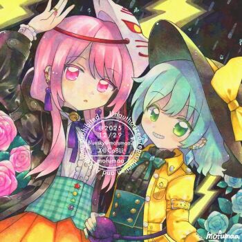 Rule 34 | 2girls, alternate costume, artist name, black hat, black jacket, black shirt, bow, bowtie, commentary, diamond earrings, earrings, eyeball, flower, fox mask, green bow, green bowtie, green eyes, green flower, green hair, green nails, green rose, hat, hat bow, hata no kokoro, jacket, jewelry, komeiji koishi, long hair, long sleeves, looking at viewer, maa (forsythia1729), mask, mask on head, multiple girls, open clothes, open jacket, open mouth, orange skirt, pink eyes, pink flower, pink hair, pink nails, pink rose, purple bow, purple bowtie, ring, rose, shirt, skirt, tassel, tassel earrings, third eye, touhou, traditional media, watermark, white shirt, yellow bow, yellow jacket