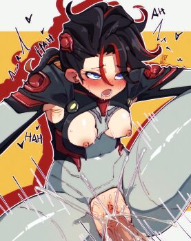 Rule 34 | 1boy, 1girl, absurdres, armpits, black bodysuit, black hair, blue eyes, bodysuit, breast cutout, breasts, breasts out, clitoral hood, clitoris, clothing cutout, covered navel, cum, cum in pussy, cum overflow, erection, grey bodysuit, hair ornament, heart, highres, marvel, marvel rivals, mecha pilot suit, moaning, motion lines, multicolored bodysuit, multicolored hair, nipples, open mouth, outline, peni parker, penis, pussy, pussy cutout, red outline, red streaks, rolling eyes, saliva, sex, short hair, solo, spider-man (series), spread legs, streaked hair, teeth, thighs, two-tone bodysuit, vaginal, white background, yellow background, yutakke