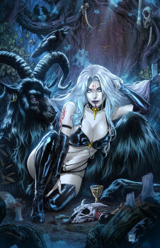 1girl absurdres animal_skull bird black_boots black_panties blank_eyes boots breasts chalice crow cup goat highres lady_death lady_death_(character) large_breasts long_hair looking_at_viewer mike_krome outdoors panties sitting solo thigh_boots underwear white_hair
