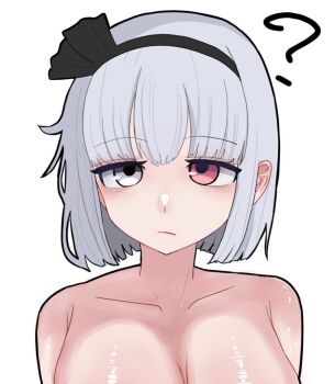 1girl ? black_hairband breasts closed_mouth commentary_request cookie_(touhou) expressionless grey_hair hairband heterochromia konpaku_youmu large_breasts looking_at_viewer portrait red_eyes rone_(334_lr) simple_background solo touhou white_background white_eyes zerukalo_(cookie)