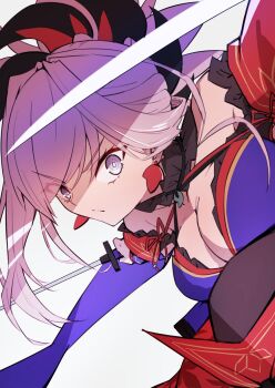 1girl bare_shoulders breasts cleavage commentary_request dress earrings fate/grand_order fate_(series) grey_eyes grey_hair hamao_1 highres holding holding_sword holding_weapon jewelry medium_hair miyamoto_musashi_(fate) multiple_swords solo sword weapon