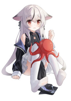 1girl above-cleavage_cutout animal_ear_fluff animal_ears arm_at_side black_dress black_hair black_jacket black_ribbon blue_archive blush breasts brown_eyes china_dress chinese_clothes chinese_commentary clenched_hand clothing_cutout commentary diamond_cutout dress eyelashes eyes_visible_through_hair feet fengxue frown full_body furrowed_brow grey_hair hair_between_eyes hair_ribbon half_updo hand_up heart heart-shaped_pupils highres jacket knees_together_feet_apart knees_up kokona_(blue_archive) legs long_hair looking_at_viewer multicolored_hair no_shoes octopus open_clothes open_jacket open_mouth pelvic_curtain ribbon see-through_clothes see-through_thighhighs sidelighting sidelocks simple_background single_bare_shoulder sitting sleeveless sleeveless_dress sleeves_past_wrists small_breasts soles solo straight_hair streaked_hair striped_clothes striped_dress striped_jacket sweatdrop symbol-shaped_pupils tareme thighhighs tiger_ears toes vertical-striped_clothes vertical-striped_dress vertical-striped_jacket very_long_hair wet_thighhighs white_background white_thighhighs