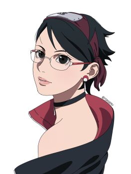 1girl black_choker black_eyes black_hair black_jacket boruto:_two_blue_vortex choker commentary_request earrings forehead_protector from_side glasses hairband highres jacket jewelry naruto_(series) off_shoulder parted_lips pink_lips portrait red_hairband rimless_eyewear short_hair solo spanish_commentary twitter_username uchiha_sarada uchiha_symbol yokigeru