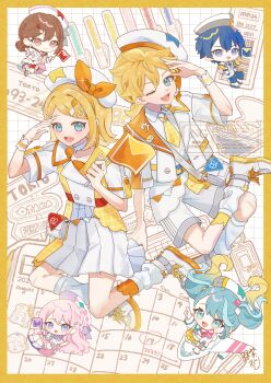 2boys 4girls absurdres aqua_eyes aqua_hair beret blonde_hair blue_eyes blue_hair brother_and_sister brown_eyes commentary_request cropped_jacket deformed flag gradient_hair hair_between_eyes hair_bun hashibaori332 hat hatsune_miku highres holding holding_flag index_finger_raised jacket kagamine_len kagamine_rin kaito_(vocaloid) long_hair looking_at_viewer magical_mirai_(vocaloid) magical_mirai_kaito magical_mirai_kaito_(2024) magical_mirai_len magical_mirai_len_(2024) magical_mirai_luka magical_mirai_luka_(2024) magical_mirai_meiko magical_mirai_meiko_(2024) magical_mirai_miku magical_mirai_miku_(2024) magical_mirai_rin magical_mirai_rin_(2024) megurine_luka meiko_(vocaloid) midriff multicolored_hair multiple_boys multiple_girls open_mouth pink_hair pleated_skirt pointing shoes short_hair short_sleeves shorts shorts_under_skirt siblings skirt smile twintails very_long_hair vocaloid watermark white_hat white_jacket white_shoes white_shorts white_skirt yellow_skirt