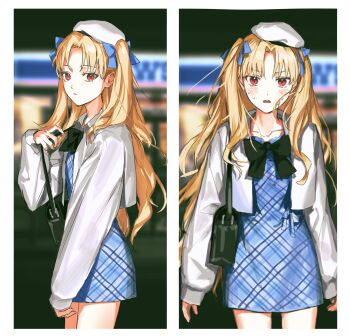 1girl arms_at_sides bag beret black_bag black_bow blonde_hair blue_dress blue_ribbon blurry blurry_background blush bow bowtie cherroppi closed_mouth collarbone cowboy_shot cropped_jacket dress ereshkigal_(fate) fate/grand_order fate_(series) from_side hair_ribbon hand_up handbag hat highres jacket long_hair long_sleeves looking_at_viewer multiple_views parted_lips plaid_clothes plaid_dress red_eyes ribbon short_dress sweat twintails two_side_up white_jacket