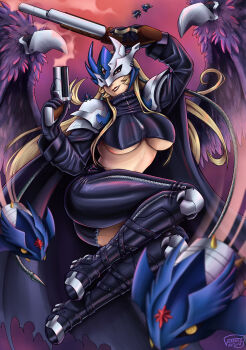 1girl ankle_gun arms_up ass asymmetrical_clothes beelstarmon beelstarmon_x-antibody belt belt_collar black_boots black_gloves black_mask black_pants blonde_hair blurry blurry_foreground boots breasts bullet collar commentary cropped_jacket derringer digimon digimon_(creature) english_commentary eye_mask feathered_wings fly_bullet fly_bullet:_segundo full_body garde-art gloves gun handgun highres holding holding_gun holding_weapon jacket large_breasts leather leather_jacket leather_pants lipstick long_hair looking_at_viewer makeup mask pants parted_lips purple_wings red_eyes shoulder_pads sidelocks signature single_pantsleg single_thigh_boot smile smoke smoking_barrel solo_focus stomach thigh_boots third_eye tight_clothes tight_pants underboob weapon wings zipper