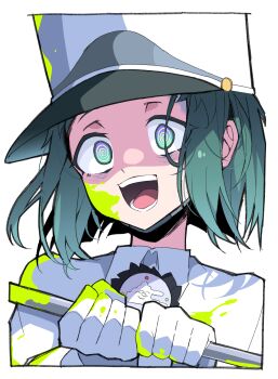 1girl @_@ absurdres blood blood_splatter blood_stain commentary_request crazy crazy_eyes crazy_smile empty_eyes female_focus green_eyes hat highres himiya_jouzu looking_at_viewer milgram momose_amane open_mouth smile solo