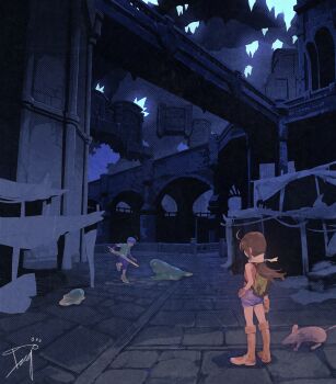 1boy 1girl animal blue_hair blue_pants blue_shorts boots brown_boots brown_hair commentary_request green_jacket green_shoes grey_shirt highres holding holding_sword holding_weapon jacket knee_boots long_hair low_ponytail mouse_(animal) open_clothes open_jacket original pants ponytail shirt shoes shorts signature slime_(creature) sword tugo weapon