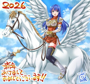 2026 :d armor black_thighhighs blue_eyes blue_hair boots breastplate caeda_(fire_emblem) chest_guard chinese_zodiac cloud cloudy_sky commentary_request elbow_gloves fire_emblem fire_emblem:_mystery_of_the_emblem fire_emblem:_shadow_dragon gloves highres horseback_riding looking_at_viewer nao_takami nintendo open_mouth pegasus polearm red_tunic riding shoulder_armor sky smile thighhighs tunic turtleneck weapon white_boots white_gloves white_wings wings year_of_the_horse