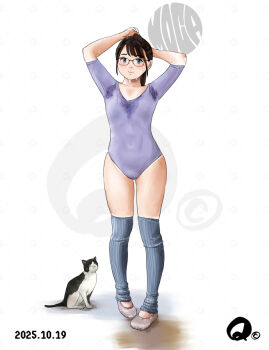 1girl arms_behind_head artist_logo ballet_slippers blue_thighhighs breasts cat commentary_request dated full_body glasses leotard logo long_hair original ponytail purple_leotard q98780409 simple_background small_breasts solo standing sweat swept_bangs thighhighs white_background
