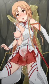 1girl artist_request asuna_(sao) bestiality blush breasts breasts_out brown_eyes brown_hair bug long_hair mantis medium_breasts nipples object_insertion open_mouth ovipositor sword_art_online tongue tongue_out torn_clothes vaginal vaginal_object_insertion x-ray