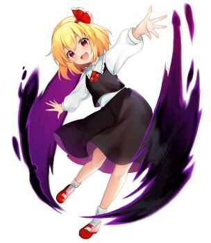 1girl black_skirt black_vest blonde_hair collared_shirt commentary_request darkness frilled_shirt_collar frills game_cg hair_ribbon hakurei_frontier_spell_strive highres long_sleeves looking_at_viewer mary_janes medium_hair official_art open_mouth outstretched_arms red_eyes red_ribbon red_shoes ribbon ruhika rumia shirt shoes skirt skirt_set smile socks solo spread_arms third-party_source touhou transparent_background umbrakinesis vest white_shirt white_socks