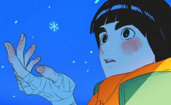 Rule 34 | 1boy, absurdres, bandaged hand, bandages, black eyes, black hair, blue background, blush, bowl cut, commentary request, flak jacket, green jacket, highres, jacket, m0 mo momo, male focus, naruto (series), open mouth, orange scarf, rock lee, scarf, short hair, snow, snowflakes, solo, teeth, upper teeth only, wide-eyed