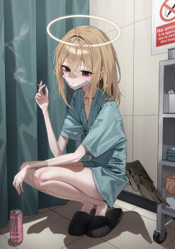 1girl absurdres ashal_(mansu) bags_under_eyes bandaid bandaid_on_face bandaid_on_nose black_eyes blonde_hair breasts broken_halo cut-here_line english_text fallen_angel halo highres long_hair low_wings mansu_(mansu113355) mask_pull monster_energy neck_tattoo no_smoking original single_wing slippers small_breasts smoking solo squatting tattoo traditional_halo wings