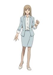 Rule 34 | 1girl, bartender (series), blue jacket, blue skirt, closed mouth, hand up, jacket, kurushima miwa, light brown hair, long hair, looking at viewer, shirt, shoes, simple background, skirt, smile, solo, very long hair, white background, white shirt, yellow eyes