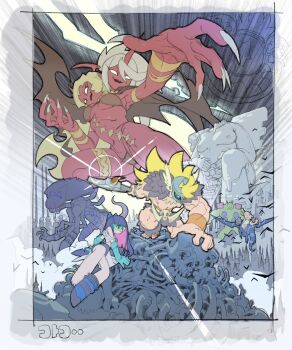 alien axe blonde_hair chuck_(psg) cotogochan demon_girl demon_horns dragon helmet highres holding holding_axe horns kneesocks_(psg) multiple_girls muscular muscular_female panty_&amp;_stocking_with_garterbelt panty_(psg) pile_of_skeletons riding_dragon scanty_(psg) scar skull stocking_(psg) two_heads