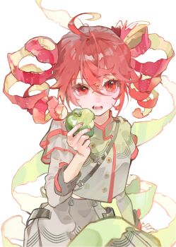 1girl absurdres ahoge apple apple_peel buttons cowboy_shot donggan_xiao_shayu double-breasted drill_hair food fruit grey_jacket grey_skirt hair_between_eyes highres holding holding_food holding_fruit jacket kasane_teto kasane_teto_(sv) long_sleeves open_mouth red_eyes red_hair short_hair simple_background skirt solo synthesizer_v twin_drills utau white_background