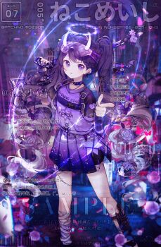 1girl animated animated_gif bandaged_leg bandages barcode belt belt_buckle belt_collar black_belt black_jacket black_shorts blinking boqing_xiao_guafu bottle brown_hair buckle bug butterfly buttons chain chest_belt closed_mouth clothes_writing collar commission cross-laced_clothes cross-laced_skirt cross-laced_top dated demon_horns drill_hair earrings expressionless eyelashes feet_out_of_frame flower garden goggles goggles_on_head gold_buttons gradient_hair halo heart_button highres holding holding_bottle horned_eyewear horns inkwell insect jacket jewelry light_blush light_particles long_hair miniskirt multicolored_hair multiple_belts night open_clothes open_jacket open_mouth original outdoors pleated_skirt pointing pointing_at_viewer purple-tinted_eyewear purple_arm_warmers purple_background purple_belt purple_eyes purple_flower purple_hair purple_rose purple_shirt purple_skirt purple_theme red_butterfly rose sample_watermark shirt short_sleeves shorts shorts_under_skirt shoulder_belt side_slit skirt smile solo standing swept_bangs tareme tinted_eyewear too_many_watermarks twin_drills twintails twintails_with_braided_base watermark white_hair white_halo white_horns