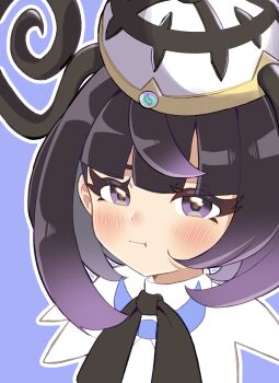 1girl :t absurdres black_bow black_bowtie black_hair blue_background blunt_bangs blush bow bowtie closed_mouth commentary_request eyelashes grey_eyes gwynn_(pokemon) hat highres jaromaro_(avyj8778) long_hair looking_at_viewer nintendo outline pokemon pokemon_legends:_z-a portrait pout simple_background solo