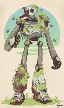 1boy 1girl absurdres artist_name auveiss bird brightbill_(the_wild_robot) closed_eyes closed_mouth commentary duck_boy english_commentary goose highres robot rozzum_unit_7134 the_wild_robot