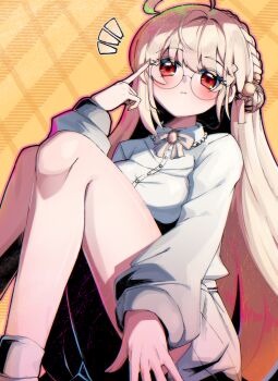 1girl absurdres adjusting_eyewear ahoge blonde_hair blush bow braid breasts closed_mouth collared_shirt glasses hair_bun hair_ornament highres jingburger korean_commentary long_hair long_sleeves looking_at_viewer notice_lines ohun pleated_skirt red_eyes round_eyewear shirt sitting skirt solo very_long_hair virtual_youtuber waktaverse white_shirt